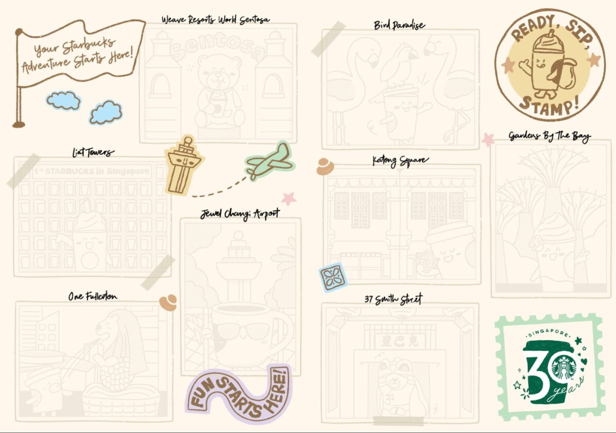 Starbucks Adventure Journal page with eight landmark stamp frames across Singapore stores