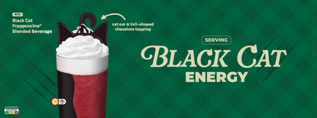 Starbucks Black Cat Frappuccino Blended Beverage with cat ear topping