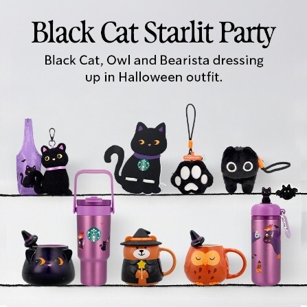Starbucks Black Cat Starlit Party collection with owl and Bearista mugs