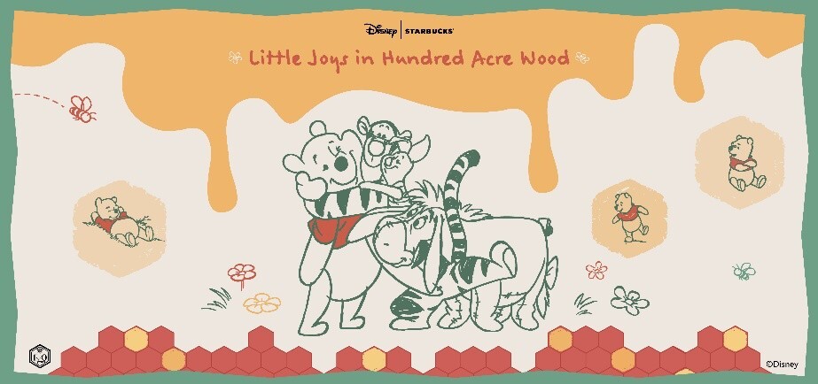 Disney and Starbucks Little Joys in Hundred Acre Wood artwork featuring Winnie the Pooh and friends