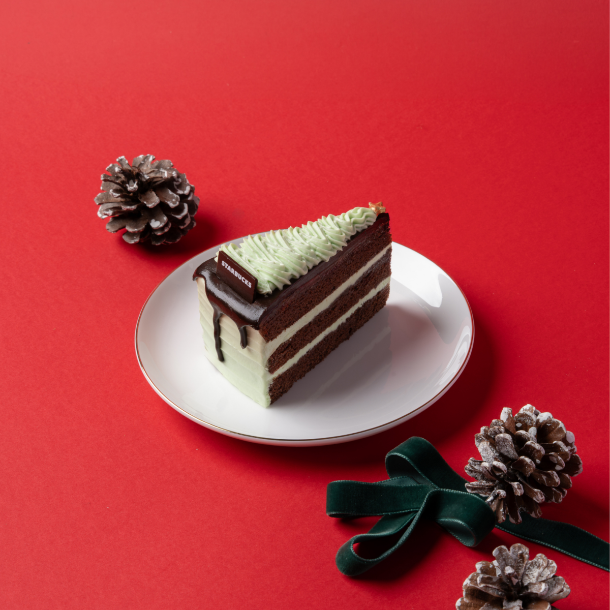 Starbucks Peppermint Chocolate Cake with candy-green layers
