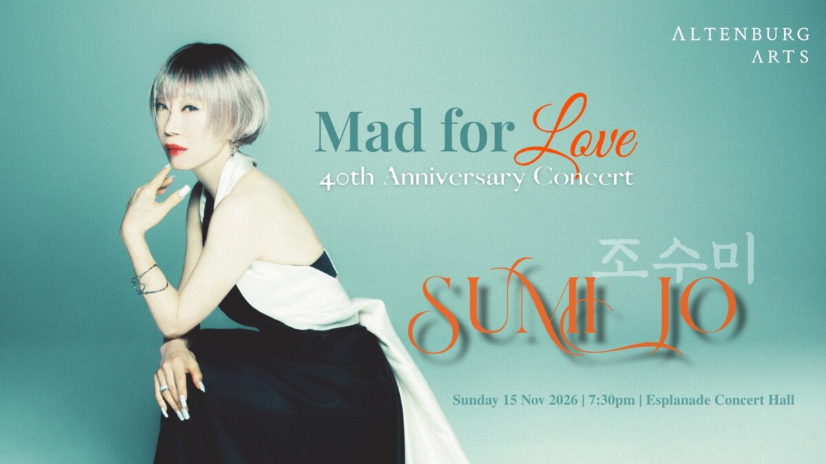 Sumi Jo in a black and white gown on the Mad for Love 40th anniversary concert poster