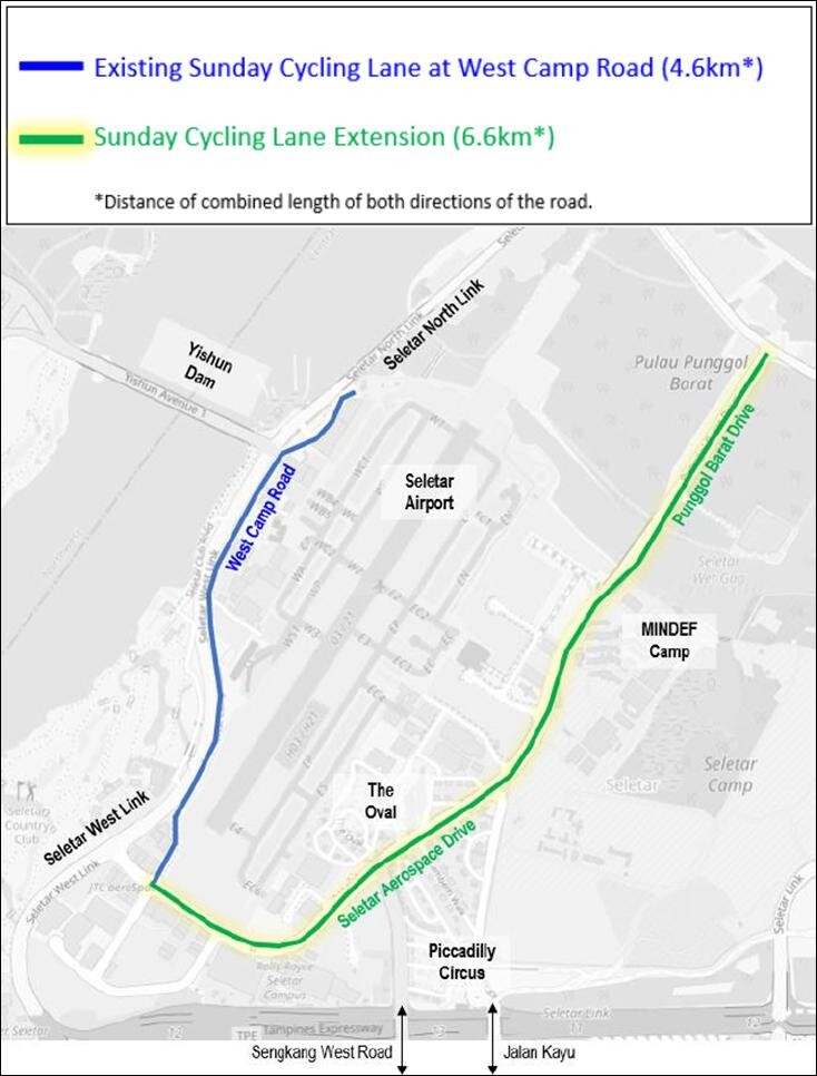 LTA map of the existing Sunday Cycling Lane on West Camp Road and the extension along Seletar Aerospace Drive and Punggol Barat Drive