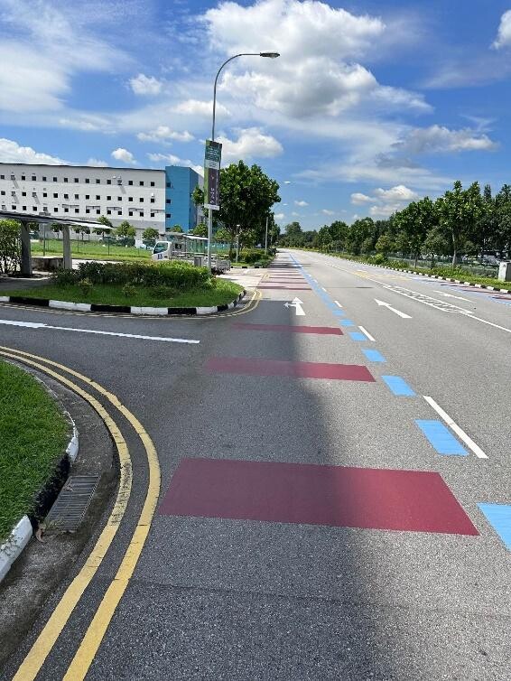Sunday Cycling Lane at Seletar with dotted blue lane markings and red transverse bands near a junction
