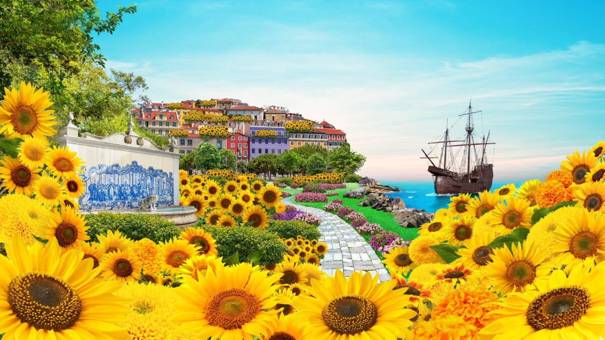 Sunflower Surprise: Garden by the Ocean key visual, with sunflowers, Costa Nova houses and a carrack in the Flower Dome
