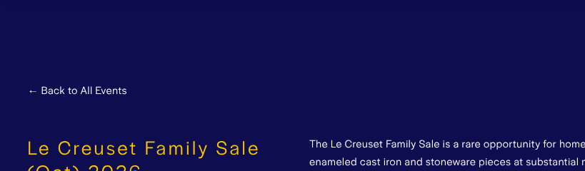 Suntec Singapore event page for the Le Creuset Family Sale October 2026 showing dates, hours and Room 334