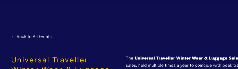 Suntec Singapore event page for the Universal Traveller Winter Wear and Luggage Sale showing dates, hours and Level 3 Concourse