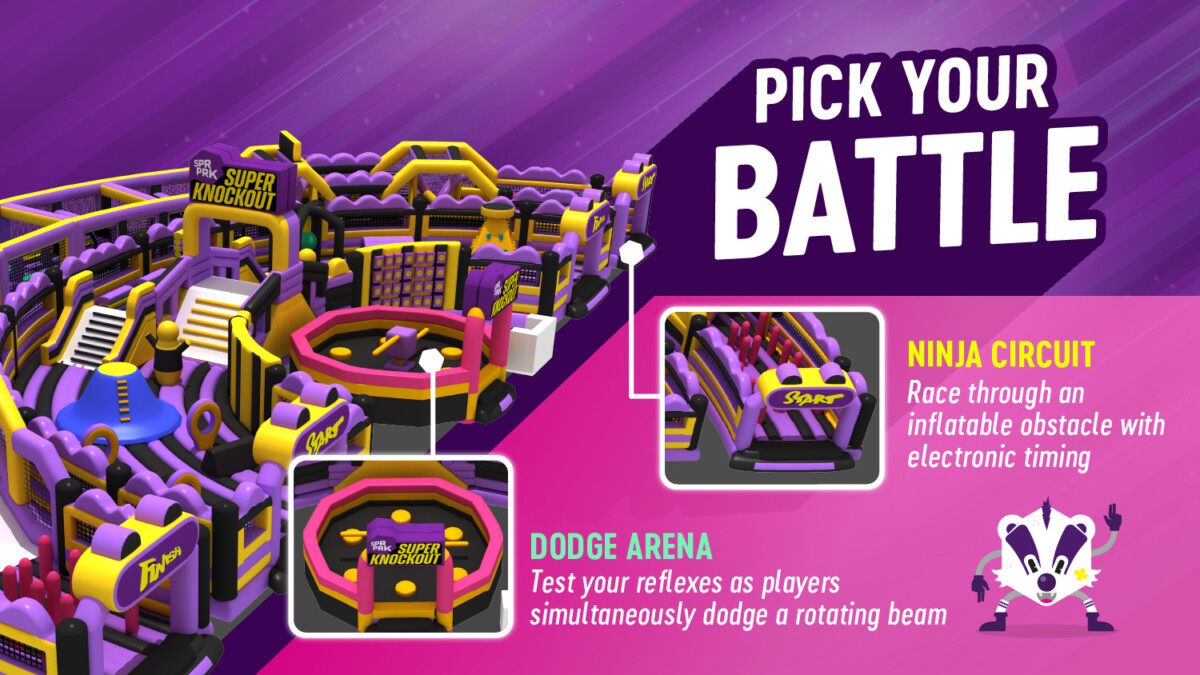 SuperPark Super KnockOut obstacle arena showing Ninja Circuit and Dodge Arena zones