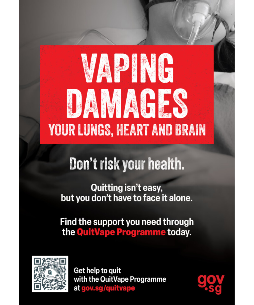 Health Promotion Board poster offering support to quit vaping, with the QuitLine number