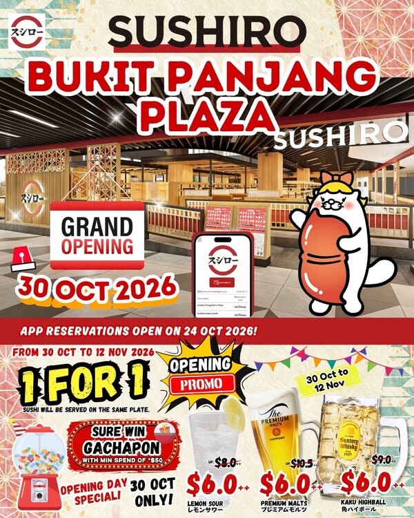 Sushiro Bukit Panjang Plaza grand opening poster with 1-for-1 sushi and S$6++ lemon sour, beer and highball