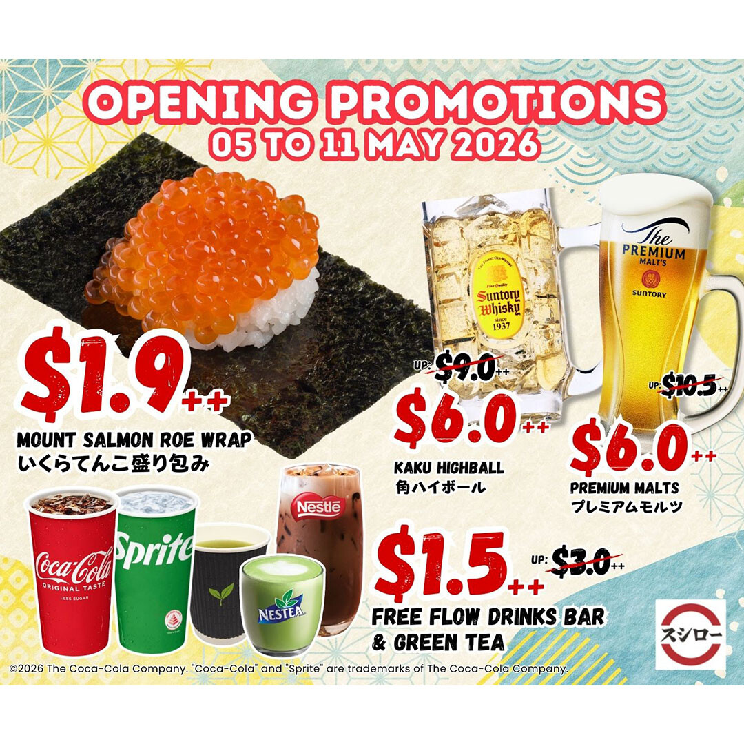 Sushiro New Bahru opening promotion poster for Mount Salmon Roe Wrap and drinks