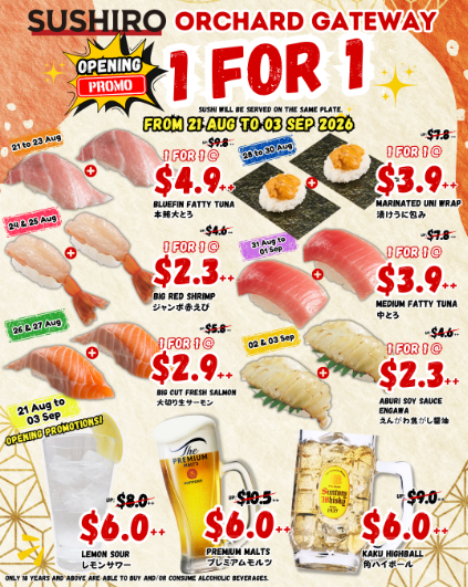 Sushiro Orchard Gateway 1-for-1 sushi deals price list from 21 August to 3 September
