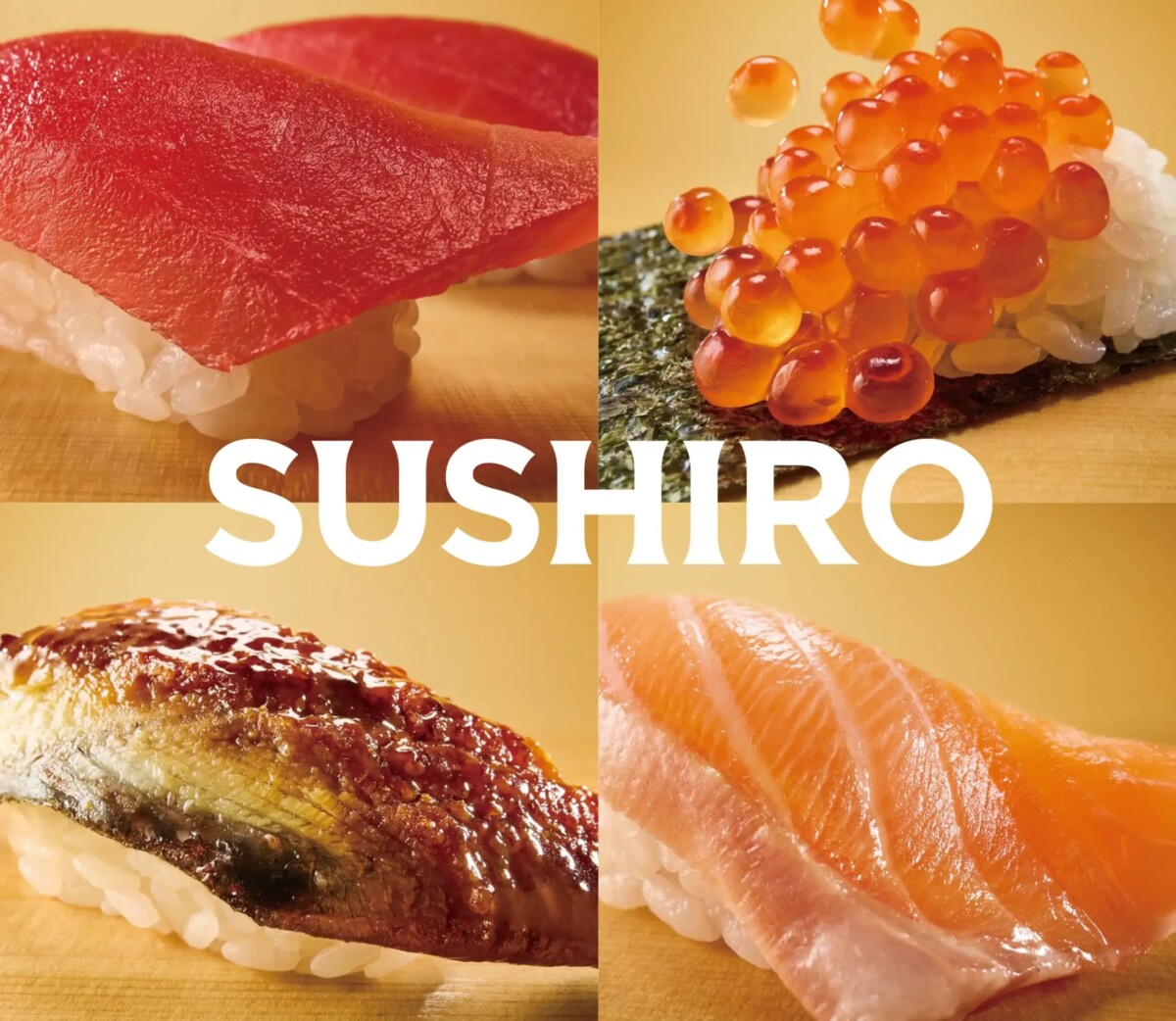 Sushiro tuna, salmon roe gunkan, grilled eel and salmon nigiri