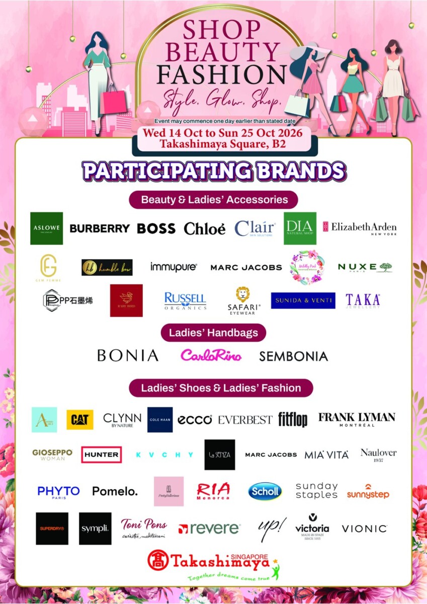 Shop Beauty Fashion participating brands poster, Takashimaya Square B2, 14 to 25 October 2026