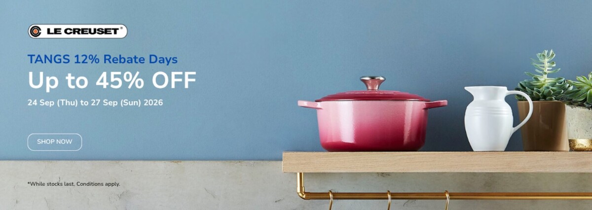 Le Creuset cast-iron casserole on a shelf for TANGS 12% Rebate Days offer
