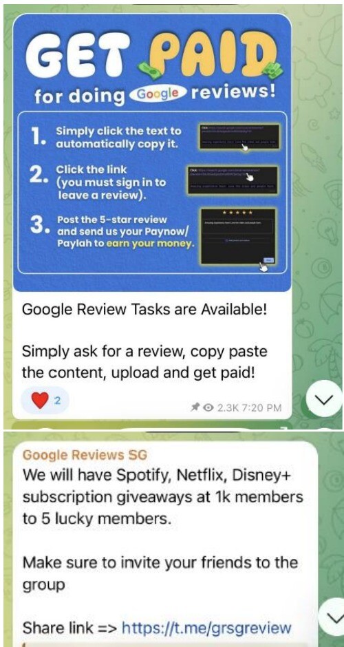 Telegram post offering payment via PayNow or PayLah for posting five-star Google reviews