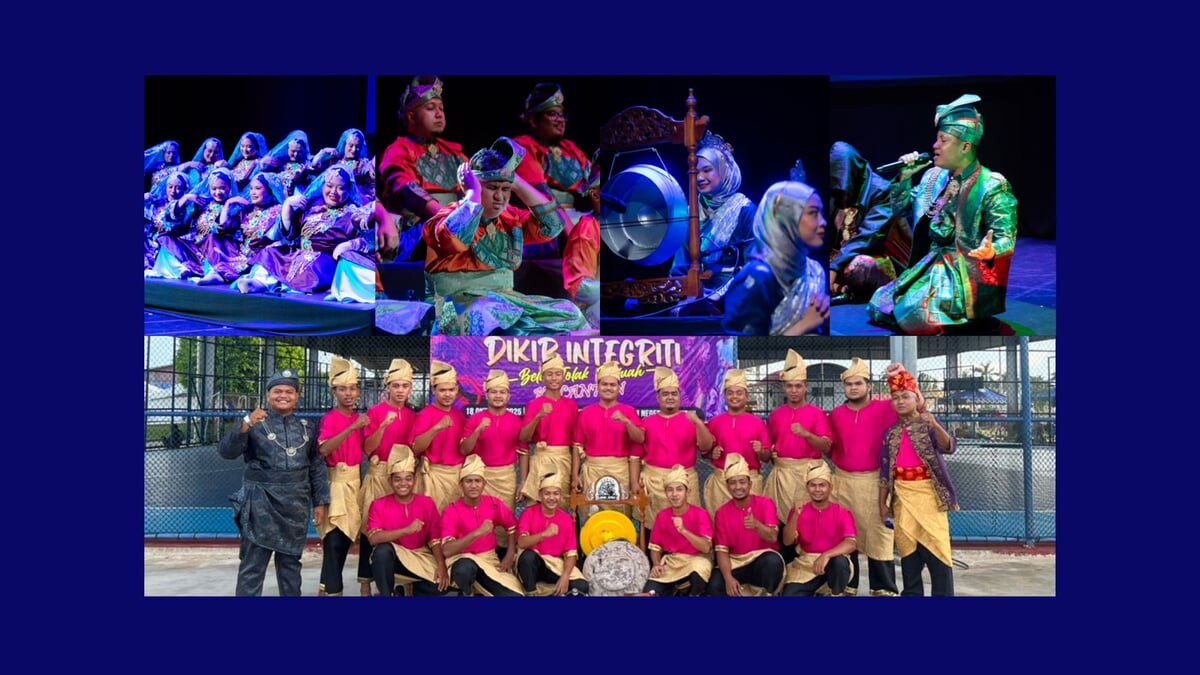 Dikir barat troupes in costume on stage and a group in pink and gold outfits