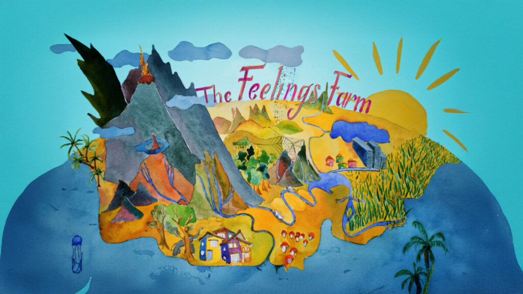 Painted illustration of The Feelings Farm title over hills, fields and houses