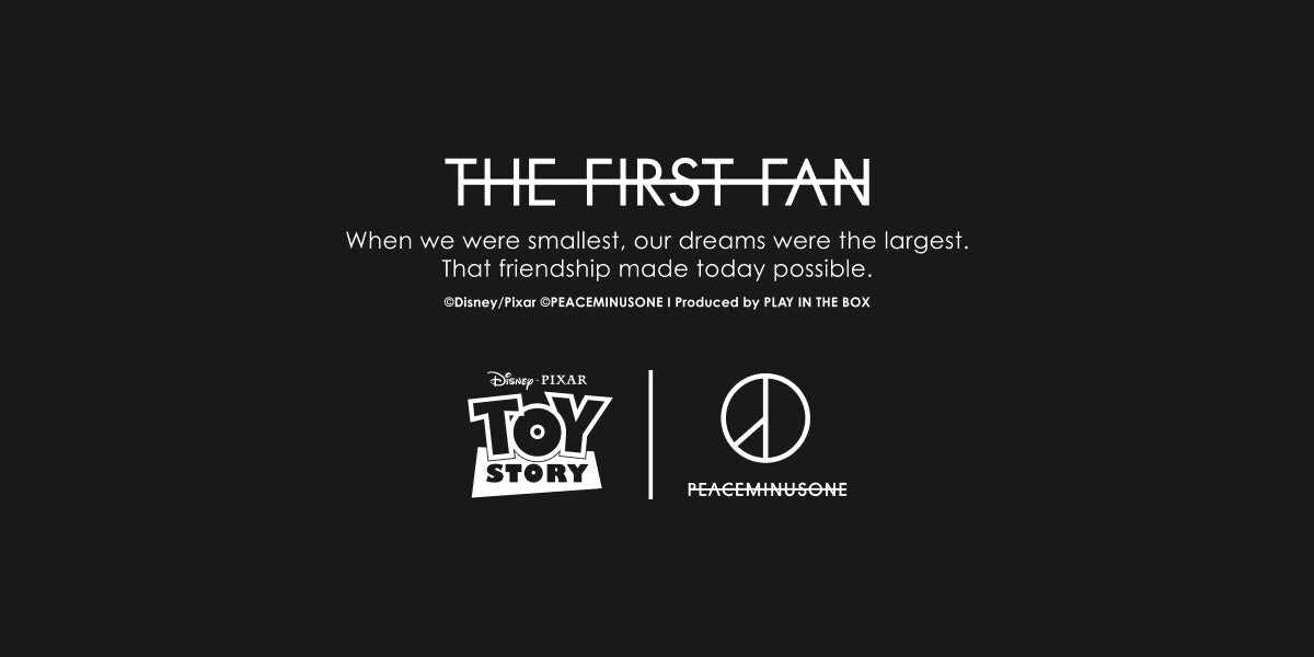 THE FIRST FAN key art with the Toy Story and PEACEMINUSONE logos side by side