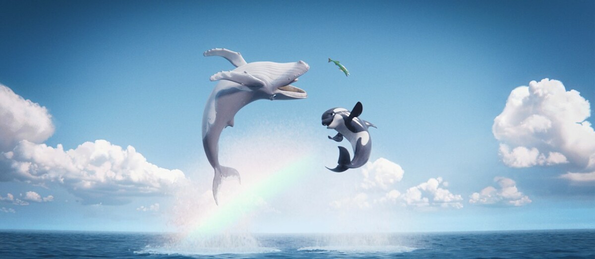 Animated humpback whale and orca leaping above the sea in The Last Whale Singer