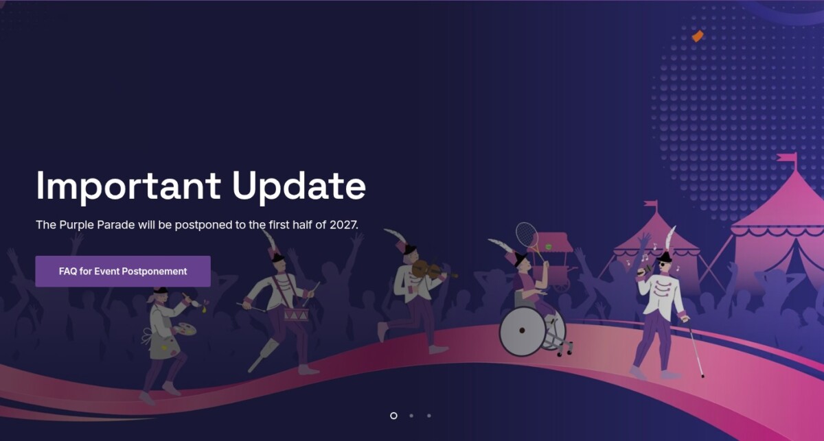 The Purple Parade website notice saying the parade will be postponed to the first half of 2027