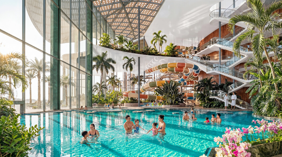 Therme Singapore interior rendering showing pools and tropical landscape