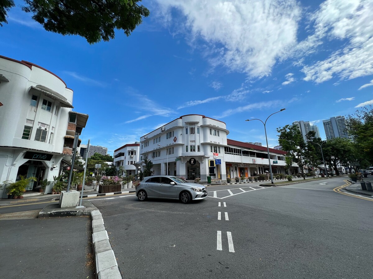 White Art Deco Singapore Improvement Trust blocks at the junction of Tiong Bahru Road and Lim Liak Street