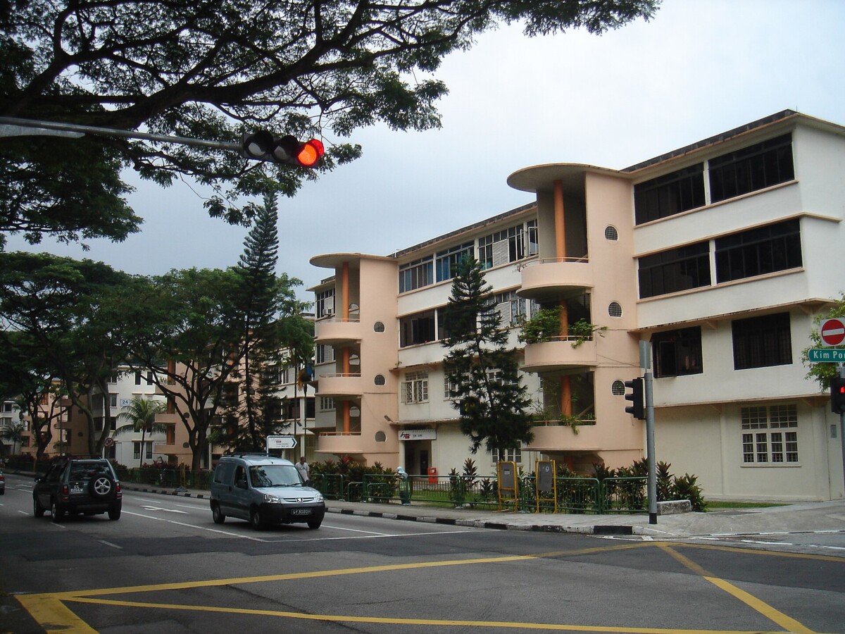 Four-storey Singapore Improvement Trust walk-up block with curved balconies in the Seng Poh precinct in Tiong Bahru