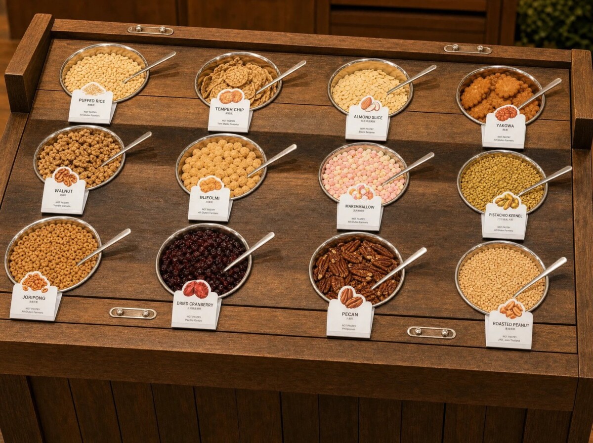 The 12-topping spread at TOFU G's new self-serve toppings bar