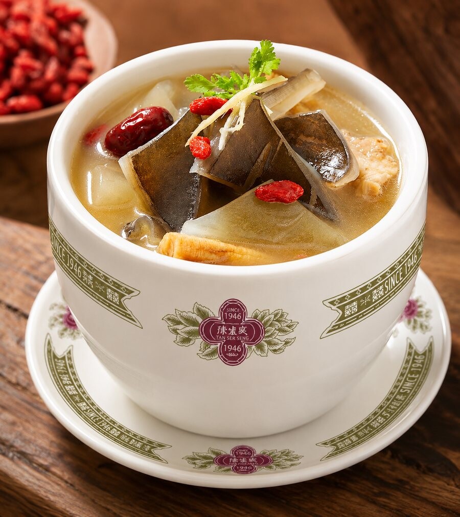 Double-boiled turtle soup in a Tan Ser Seng branded bowl