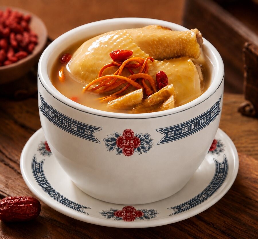 Cordyceps chicken soup in a Tan Ser Seng branded bowl