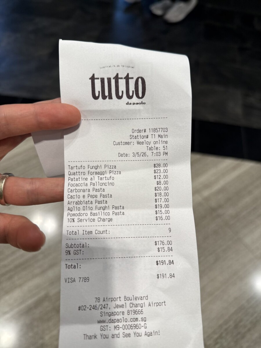 Tutto by Da Paolo Jewel Changi receipt showing S$191.84 total