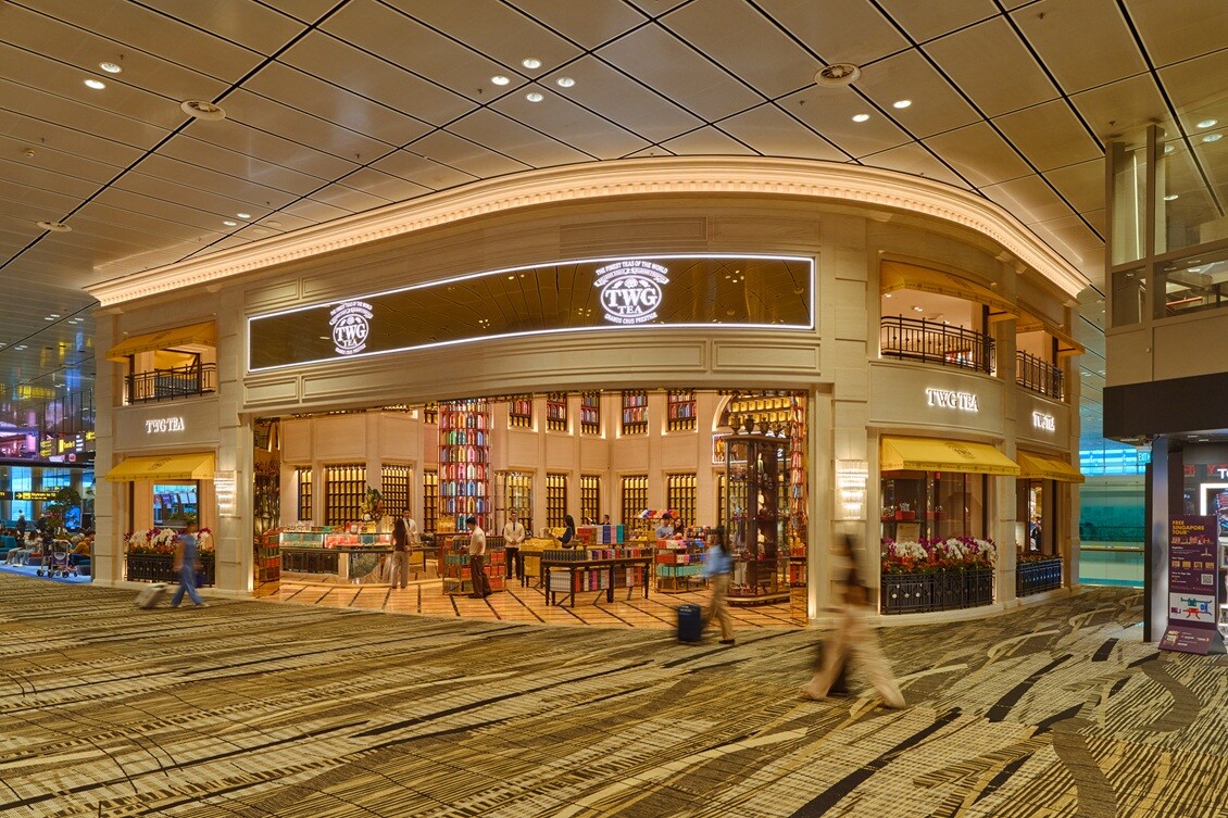TWG Tea Gallery storefront in the Changi Airport Terminal 3 transit area with lit TWG signage