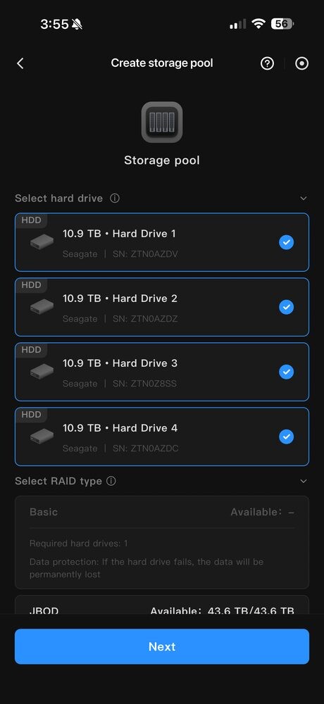 UGOS Pro storage pool creation screen showing four Seagate drives