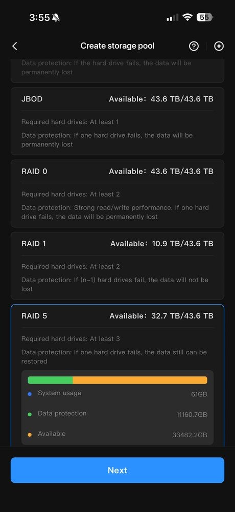 Selecting RAID 5 in the UGOS Pro storage pool wizard