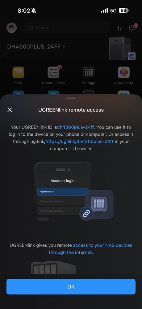 UGREENlink remote access setup screen in the UGOS Pro app