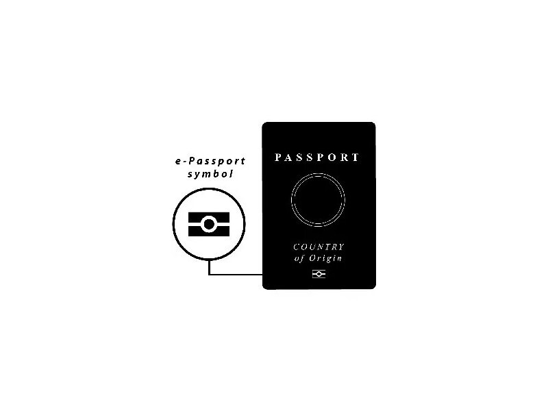 Diagram of the e-Passport chip symbol on a passport cover, from US CBP