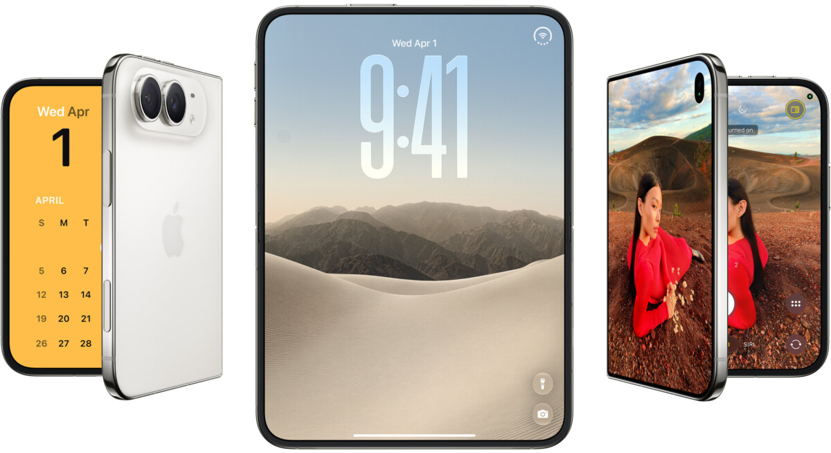 Apple iPhone Duo foldable shown open, closed and from the rear in Star White
