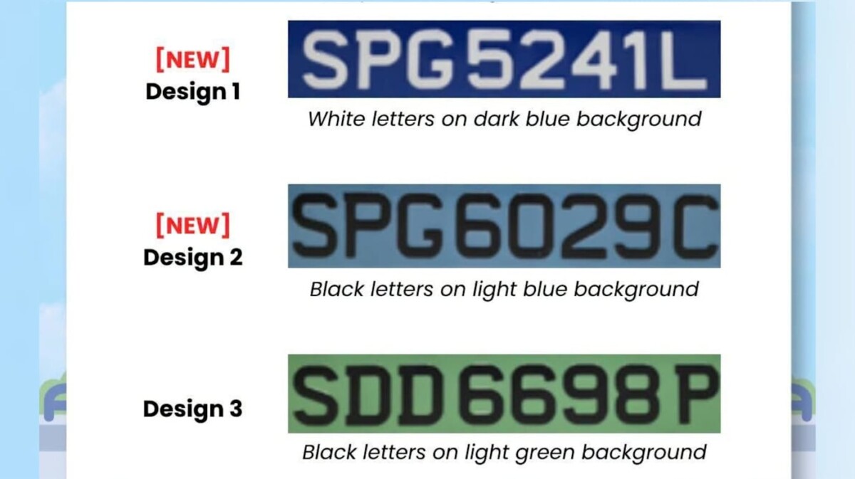 Three shortlisted EV and PHEV licence-plate designs: white on dark blue, black on light blue, black on light green