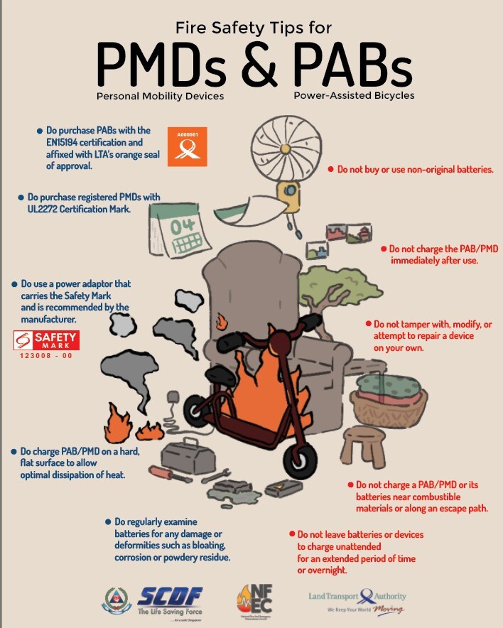 LTA and SCDF fire safety tips for PMDs and PABs, including not using non-original batteries