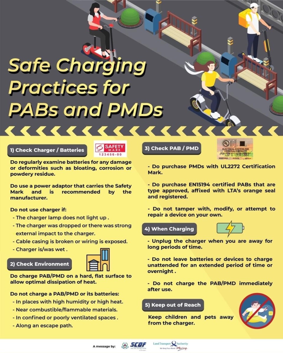 LTA and SCDF poster on safe charging practices for power-assisted bicycles and PMDs