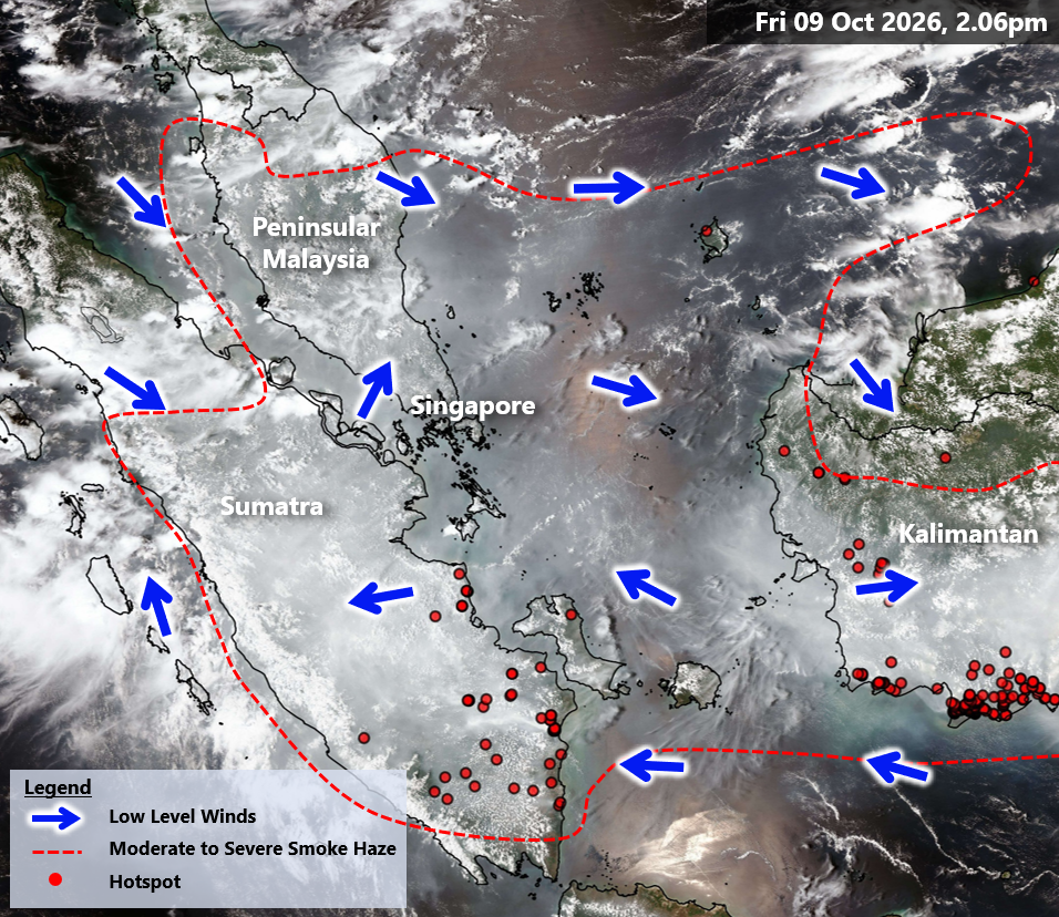 NEA satellite map of smoke haze and hotspots over Sumatra, Kalimantan and Singapore on 9 October 2026