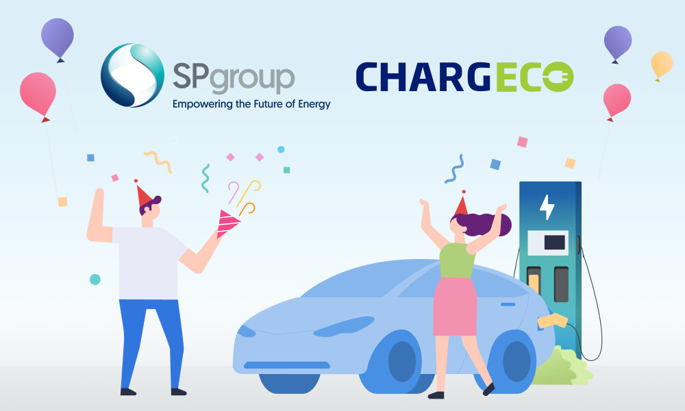 SP Group and ChargEco logos above an illustrated EV charger and electric car