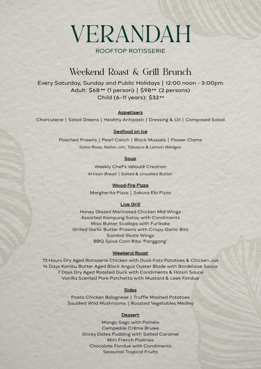 Verandah Weekend Roast & Grill Brunch full menu