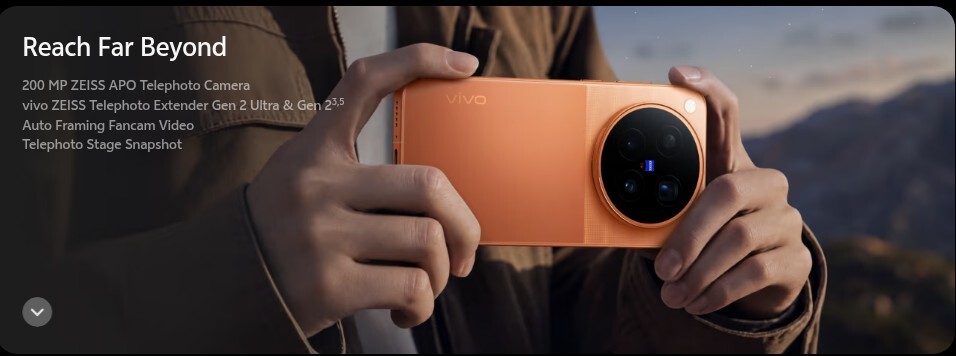 Hand holding the vivo X500 Pro Max in Sunset Orange with its ZEISS camera module