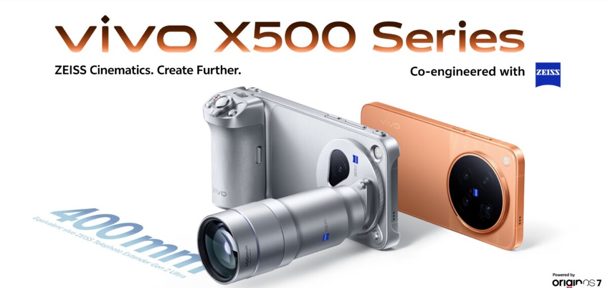 vivo X500 Pro Max in Sunset Orange beside the 400mm ZEISS Telephoto Extender Gen 2 Ultra