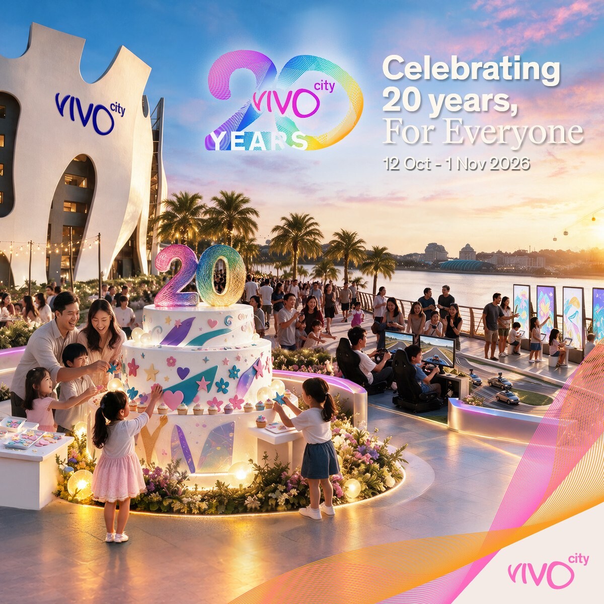 VivoCity VC20 key visual with a birthday cake installation and the words Celebrating 20 years, For Everyone