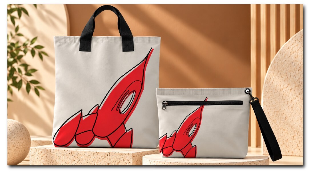 VC20 x The Art Faculty tote bag and pouch with a red rocket design by an Art Faculty artist