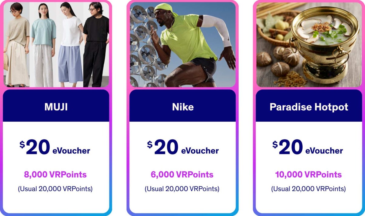 VivoCity Flash 20 deals showing S$20 MUJI, Nike and Paradise Hotpot eVouchers for VRPoints
