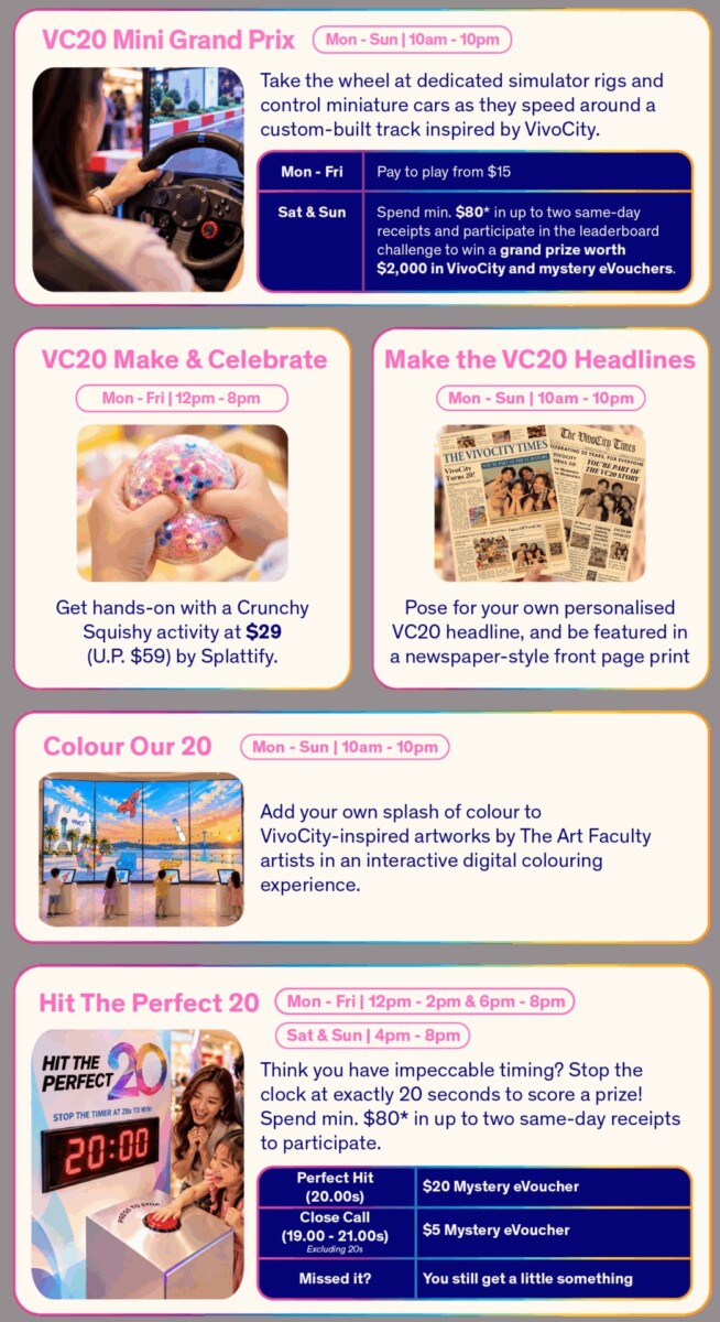 VivoCity VC20 Birthday Playground activities including the Mini Grand Prix and Hit The Perfect 20